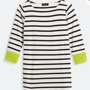Colette | Black & White Stripe 3/4 Sleeve Tee w/ Green Cuff | Size M